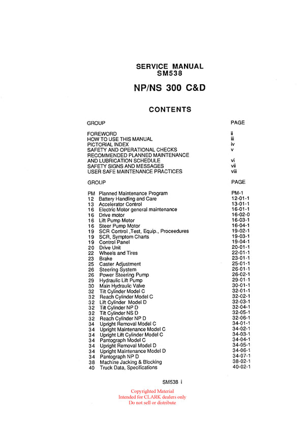 Clark NS NP PM (SM-538) Forklift Service & Adjustment Manual - PDF Download