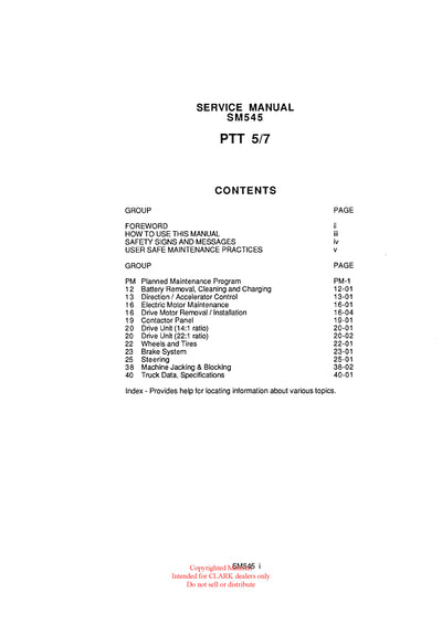 Clark PTT5-7 (SM-545) Forklift Service & Adjustment Manual - PDF Download