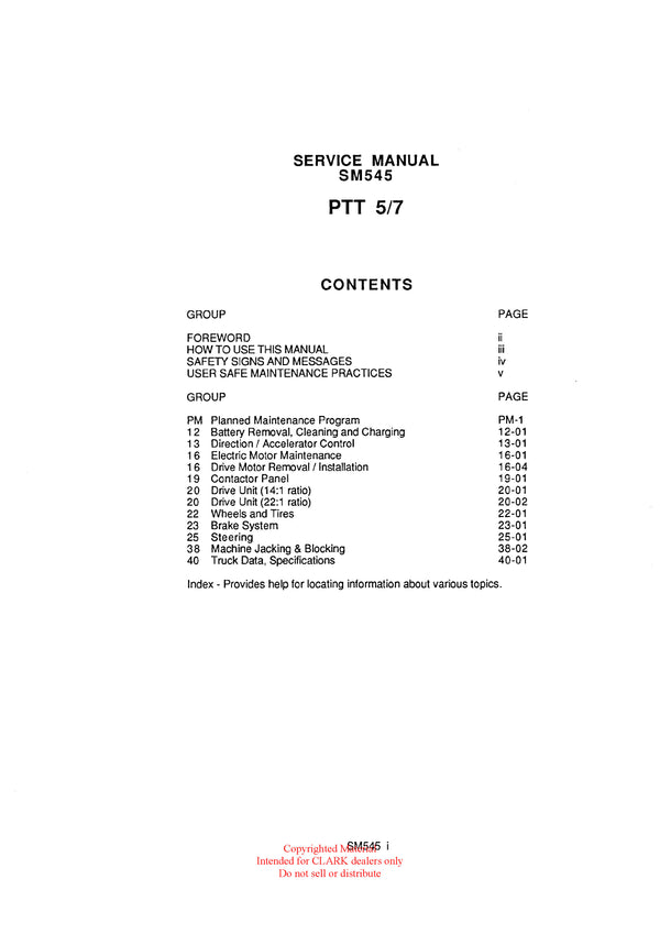Clark PTT5-7 (SM-545) Forklift Service & Adjustment Manual - PDF Download