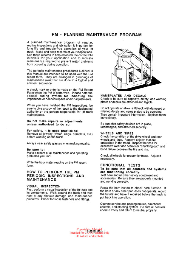 Clark PTT5-7 (SM-545) Forklift Service & Adjustment Manual - PDF Download