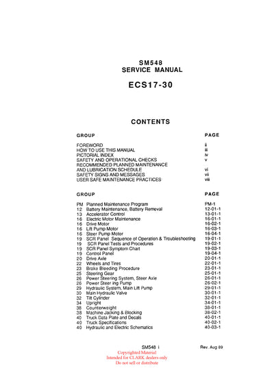 Get Instant Clark SM-548 ECS 17-30 Forklift Service Repair Manual - Download PDF