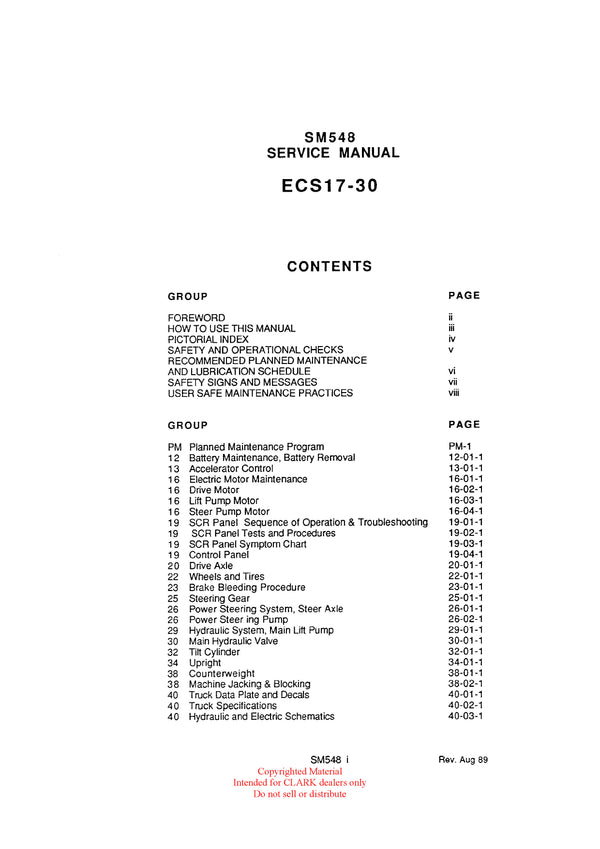 Get Instant Clark SM-548 ECS 17-30 Forklift Service Repair Manual - Download PDF