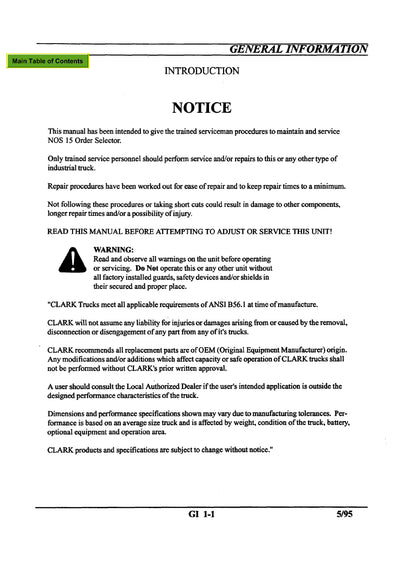 Clark NOS 15 (SM-613) Forklift Service Repair Manual - PDF Download