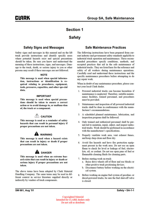 Clark C15-30CDL (SM-661) Forklift Service Repair Manual - PDF Download