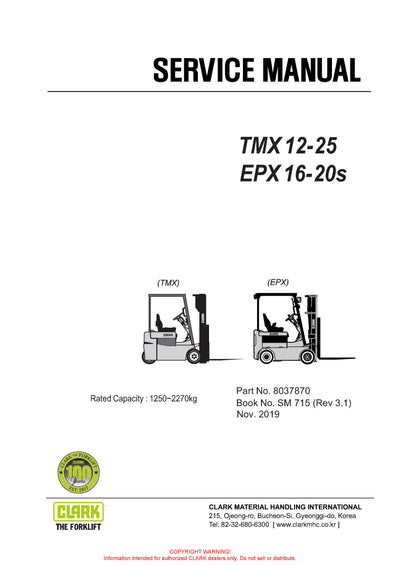 Get Instant Clark SM-715 TMX EPX Forklift Service Repair Manual - Download PDF