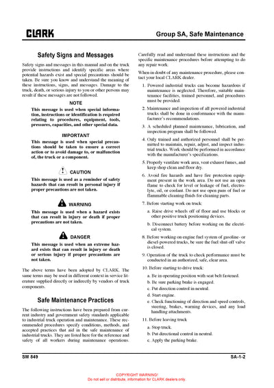 Clark SM-849 Forklift Service Repair Manual - PDF Download