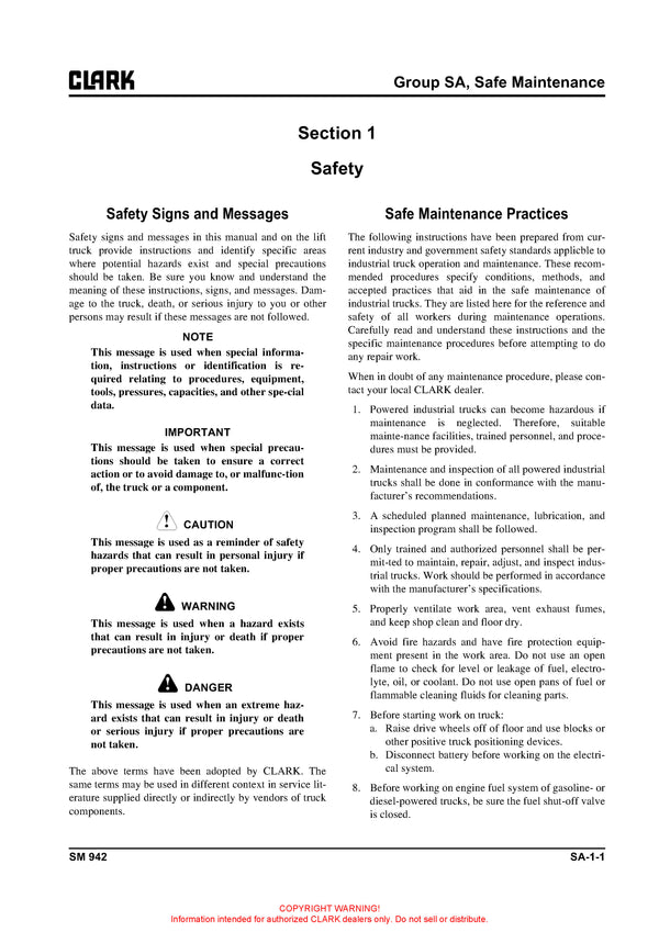 Clark SM-942 Forklift Service Repair Manual - PDF Download