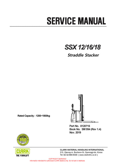 Clark SSX 12/16/18 (SM-994) Straddle Stacker Service Repair Manual - PDF Download