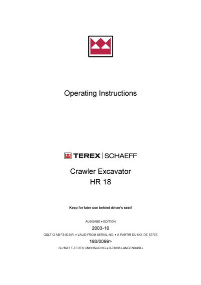TEREX SCHAEFF HR18 Mini Crawler Excavator Operator Manual