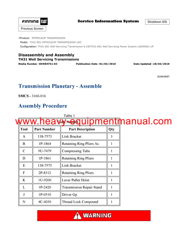 DOWNLOAD CATERPILLAR TH31-E61 PETROLEUM TRANSMISSION SERVICE REPAIR MANUAL LAD