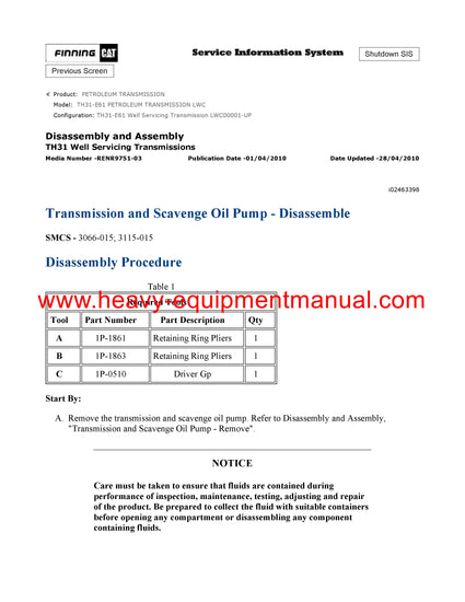 DOWNLOAD CATERPILLAR TH31-E61 PETROLEUM TRANSMISSION SERVICE REPAIR MANUAL LWC