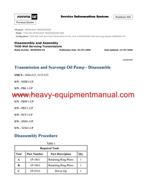 DOWNLOAD CATERPILLAR TH35-E81 PETROLEUM TRANSMISSION SERVICE REPAIR MANUAL MSB