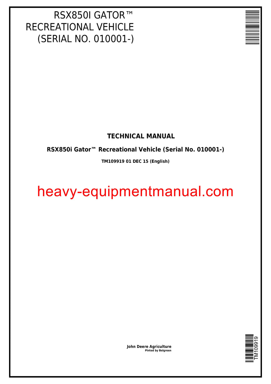 Download John Deere RSX850i Gator Recreational Vehicle All Inclusive Technical Manual TM109919