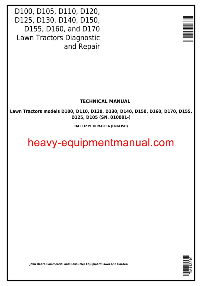 Download John Deere D100 D110 D120 D130 D140 D150 D160 D170 Tractor Service Repair Manual TM113219