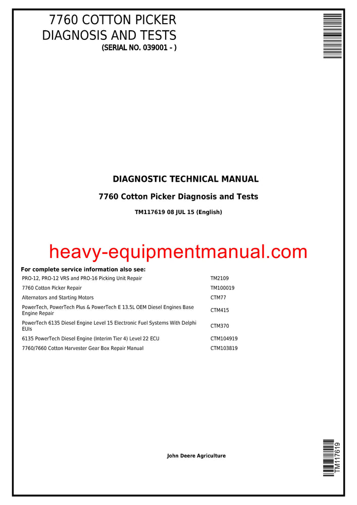 John Deere 7760 Cotton Picker (Serial No. 039001 - ) Diagnostic And Test Service Manual TM117619