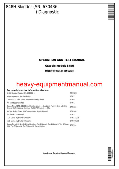 Download John Deere 848H Grapple Skidder Operation and Test Service Manual TM11798