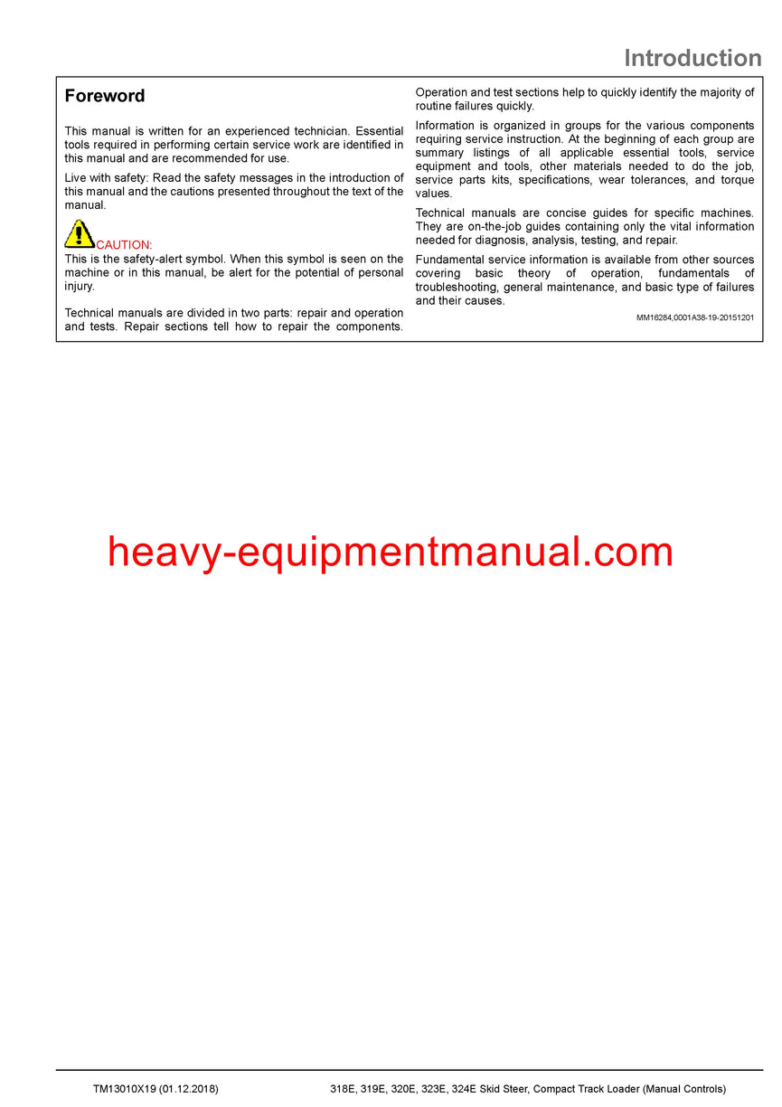 John Deere 318E 319E 320E 323E Skid Steer & Compact Track Loader Technical Service Repair Manual TM13010X19