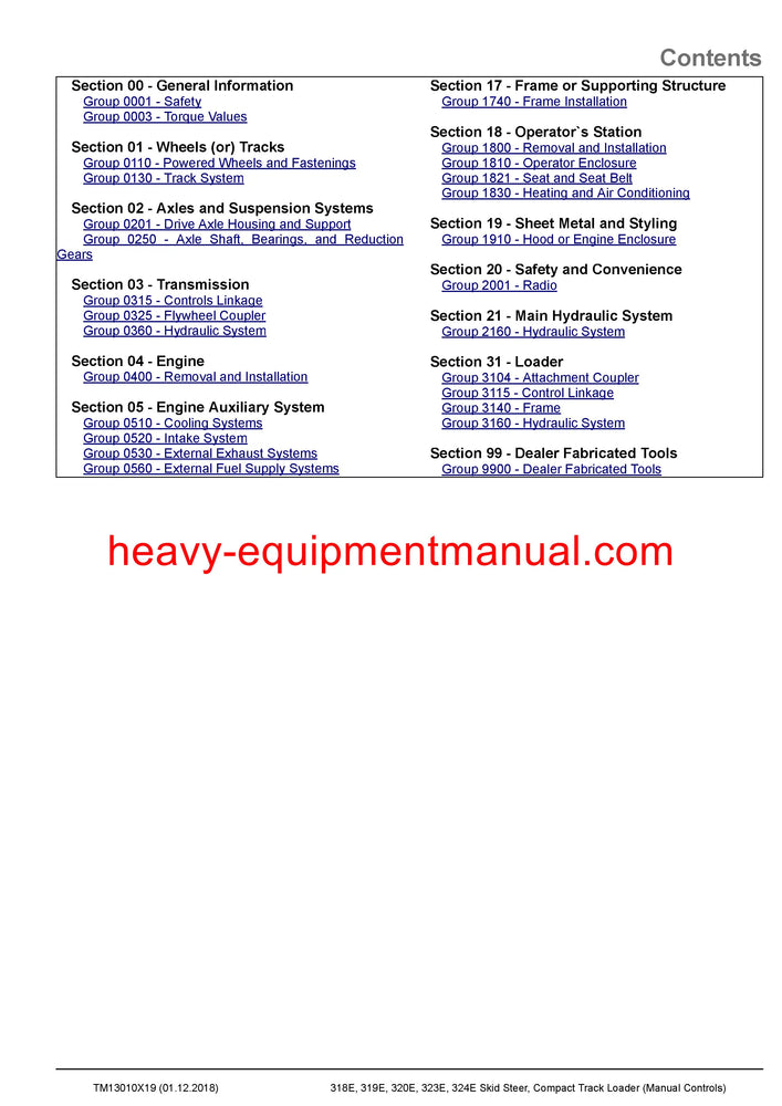 John Deere 318E 319E 320E 323E Skid Steer & Compact Track Loader Technical Service Repair Manual TM13010X19