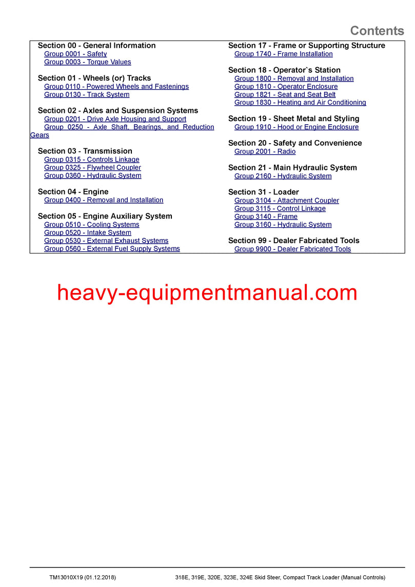  John Deere 318E 319E 320E 323E Skid Steer & Compact Track Loader Technical Service Repair Manual TM13010X19