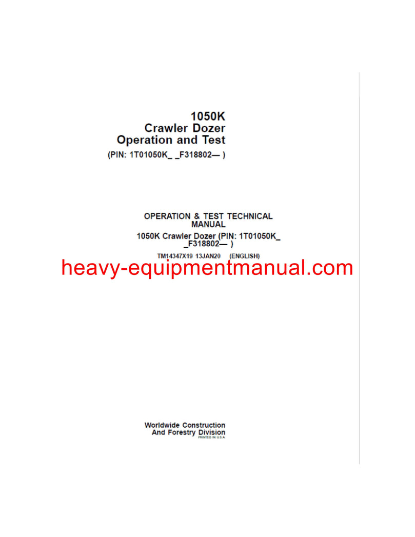 John Deere 1050K Crawler Operation Manual TM13096X19