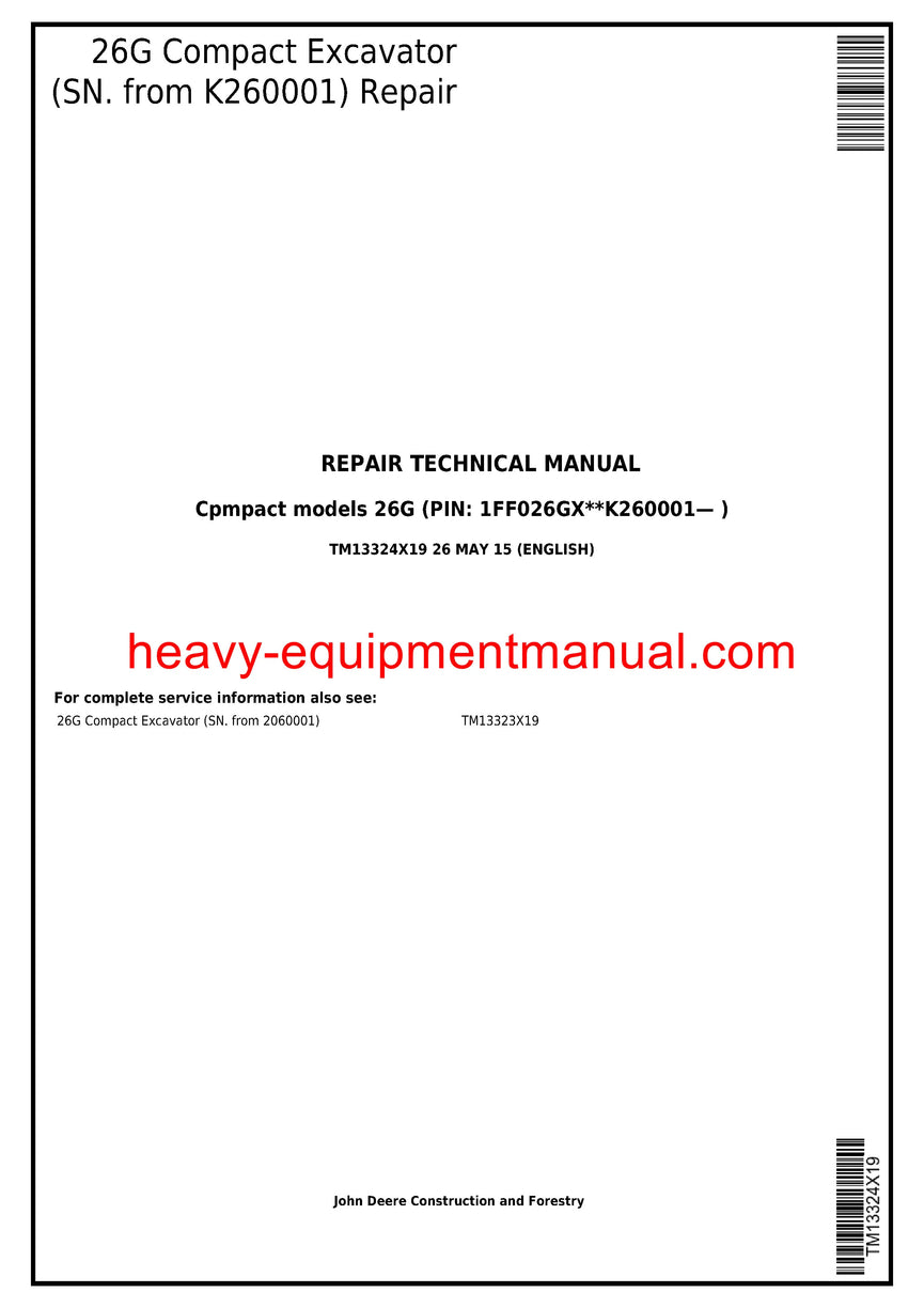 John Deere 26G Compact Excavator Technical Service Repair Manual TM13324X19