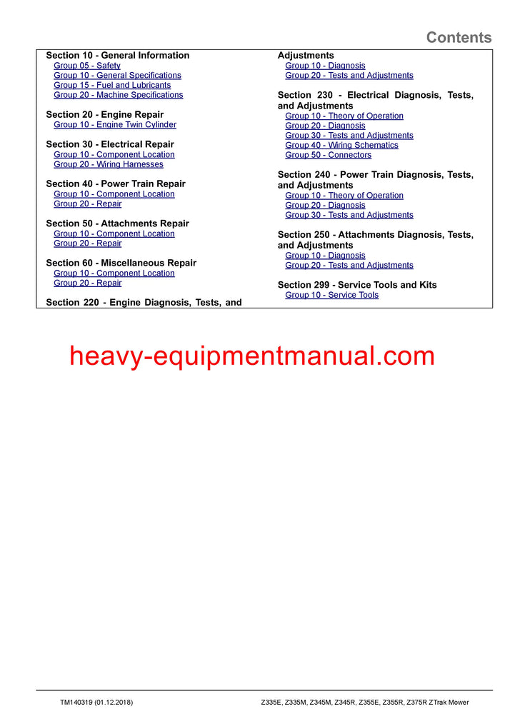 Download John Deere Z335E, Z335M, Z345M, Z345R, Z355E, Z355R, Z375R ZTRAK Mower Technical Manual TM140319