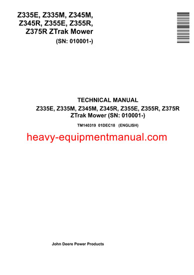  Download John Deere Z335E, Z335M, Z345M, Z345R, Z355E, Z355R, Z375R ZTRAK Mower Technical Manual TM140319