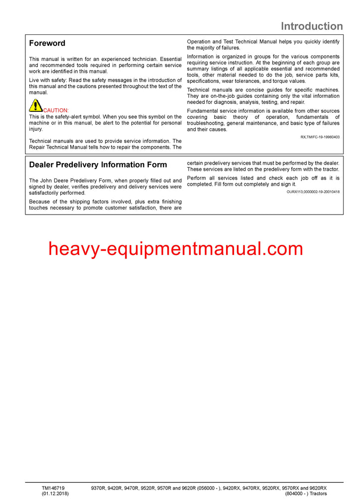 Download John Deere 9520R Tractor Service Repair Manual TM146719