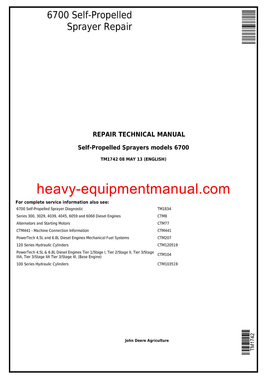 John Deere 6700 Self-Propelled Sprayer Service Repair Technical Manual TM1742