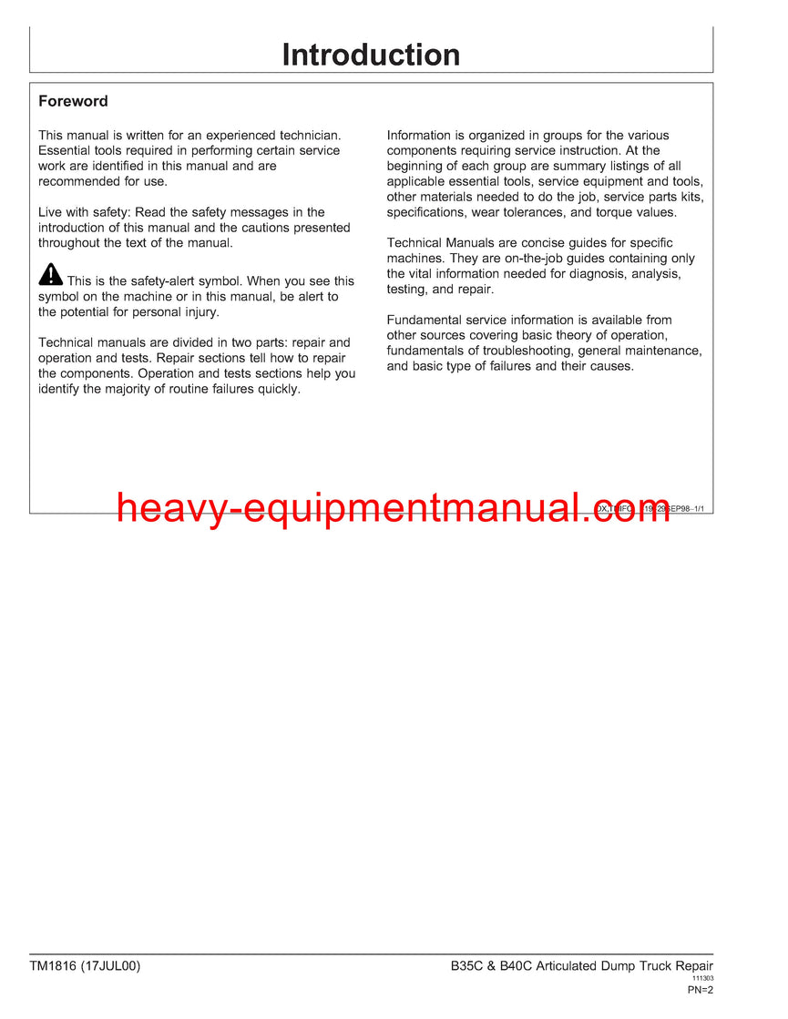 John Deere BELL B35C B40C Articulated Dump Truck Service Repair Technical Manual tm1816