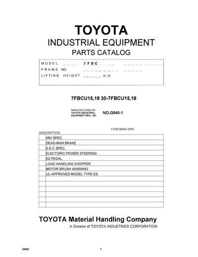 Toyota 7FBCU15, 18 30-7FBCU15, 18 Forklft Parts Manual