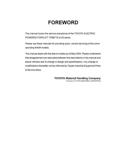 Toyota 7FBEF15-20 Forklift Service Repair Manual