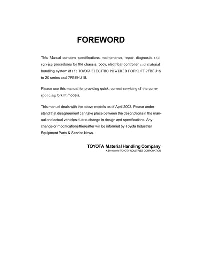 Toyota 7FBEHU18, 7FBEU15, 7FBEU18, 7FBEU20 Electric Forklift Truck Workshop Service Repair Manual (CU330)