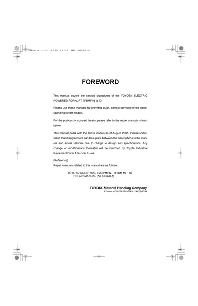 Toyota 7FBMF Forklift Service Repair Manual