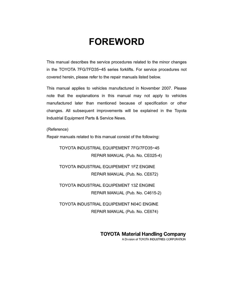 Toyota 7FD G35 A50 Forklift Service Repair Manual CE059