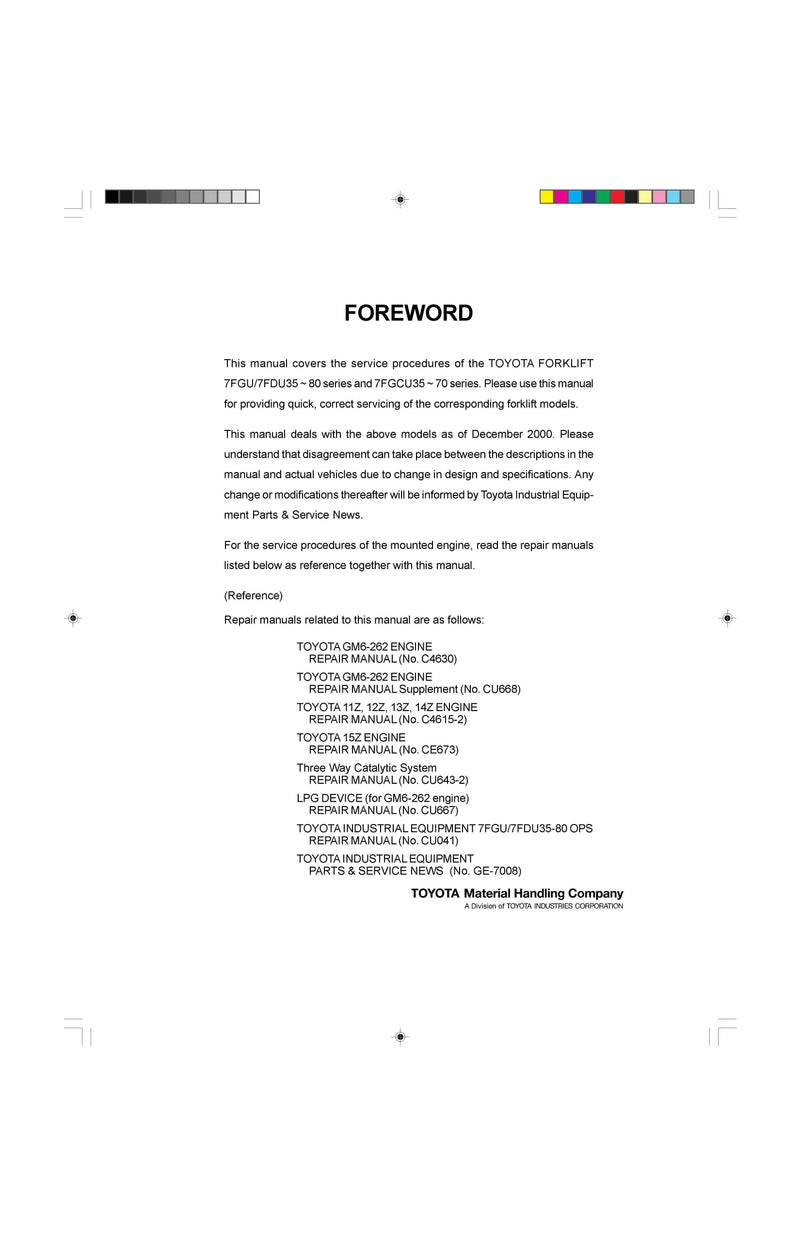 Toyota 8FGF25 RM VOL.1 Forklift Service Repair Manual (CE056)