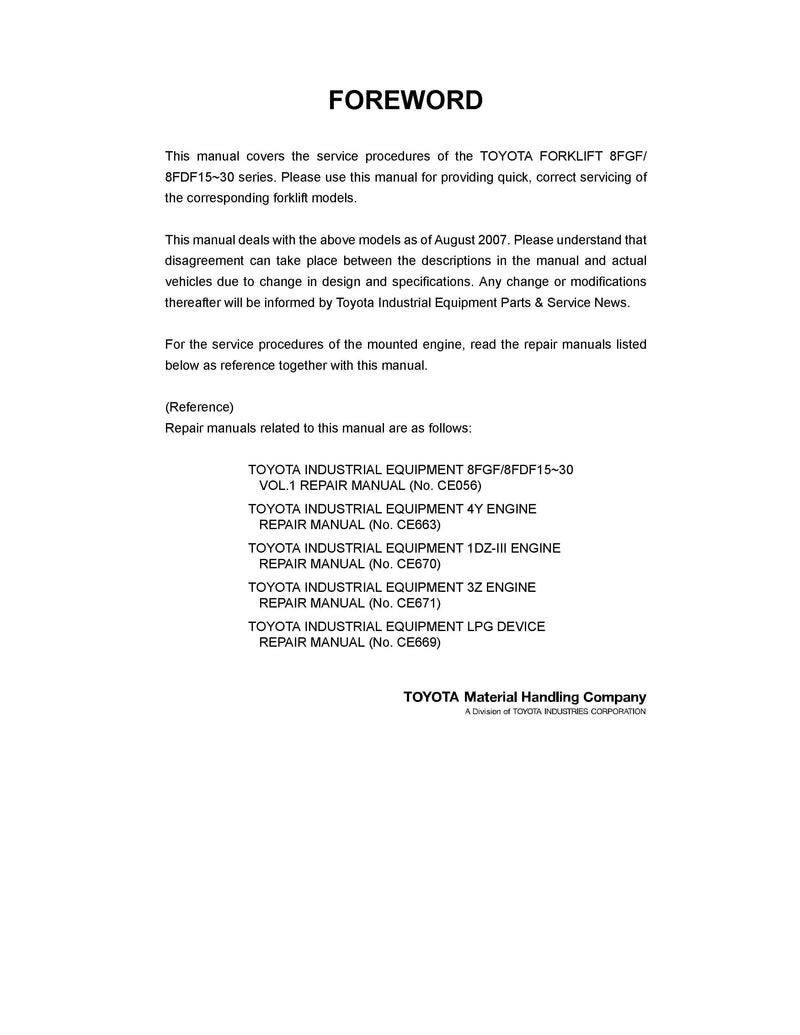 Toyota 8FGF25 RM VOL.2 Forklift Service Repair Manual (CE057)