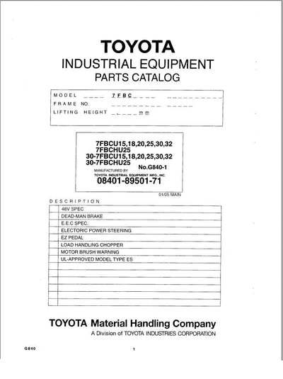 Toyota Forklift 7FBCHU25 Parts Manual