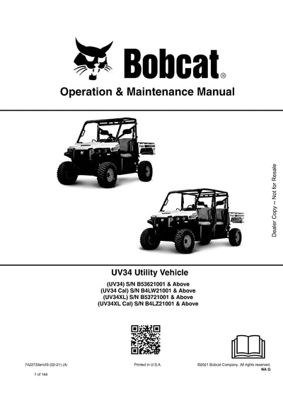 Bobcat UV34 Utility Vehicle (7422733) Operation And Maintenance Manual - PDF Download