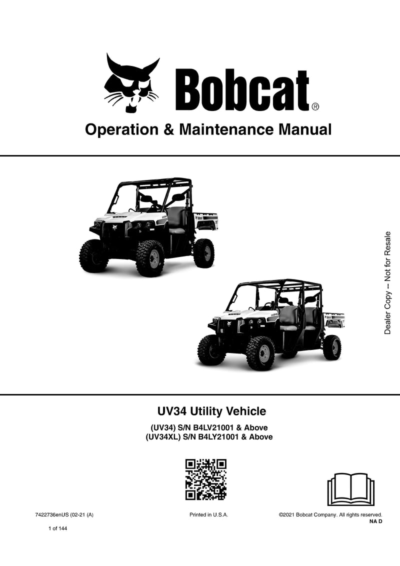 Bobcat UV34 Utility Vehicle (7422736) Operation And Maintenance Manual - PDF Download