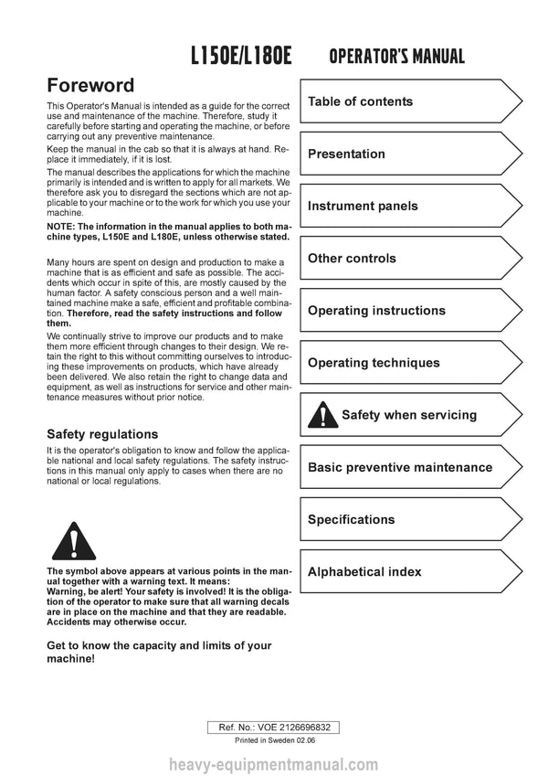 Volvo L150E, L180E Wheel Loader Operator Manual Download PDF