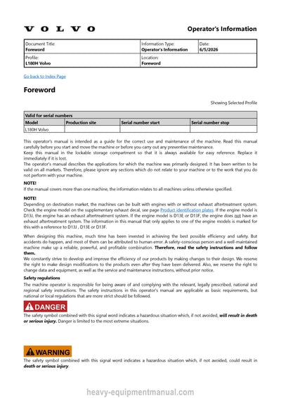 Volvo L180H Wheel Loader Operator Manual PDF Download
