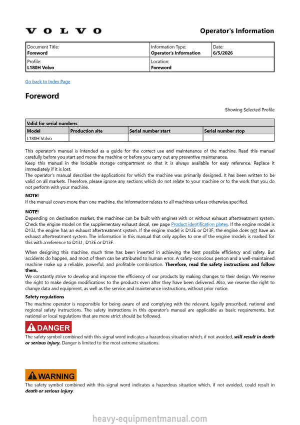 Volvo L180H Wheel Loader Operator Manual PDF Download
