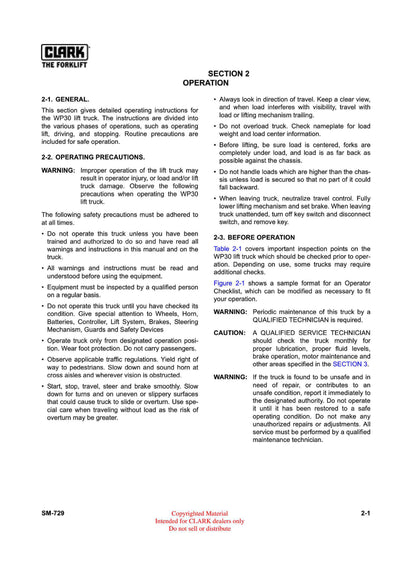 Clark WP 30 (SM-729) Forklift Service Manuak Manual - PDF Download