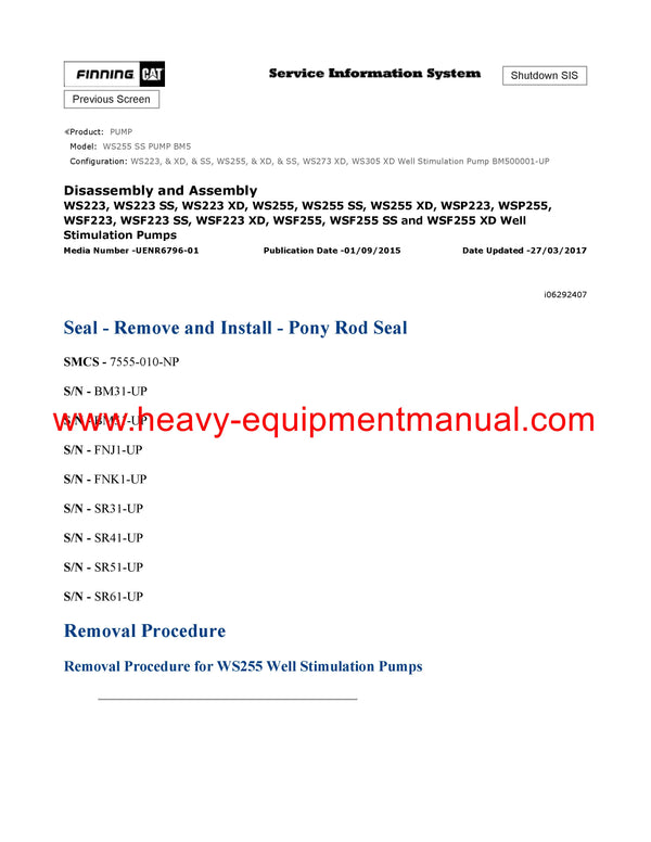 DOWNLOAD CATERPILLAR WS255 SS PUMP SERVICE REPAIR MANUAL BM5