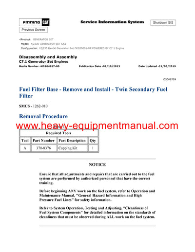 DOWNLOAD CATERPILLAR XQ230 GENERATOR SET SERVICE REPAIR MANUAL CK2