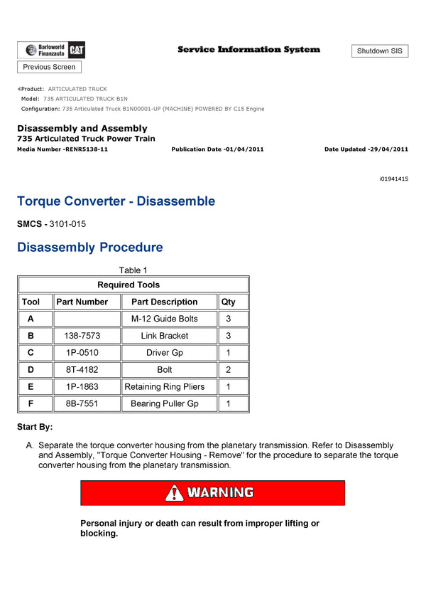 Download Caterpillar 735 Articulated Truck Service Repair Manual B1N