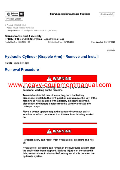 DOWNLOAD CATERPILLAR HF221 FELLING HEAD SERVICE REPAIR MANUAL BXX