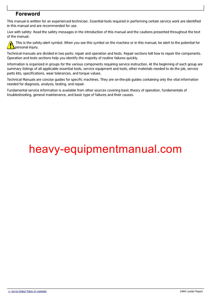 John Deere 244H 4WD Wheel Loader Technical Service Repair Manual TM1629