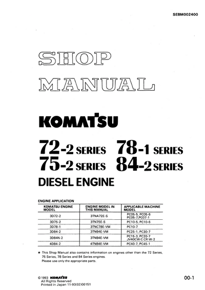 1993 KOMATSU 72-2 75-2 78-1 84-2 Series Diesel Engine Workshop Service Repair Manual